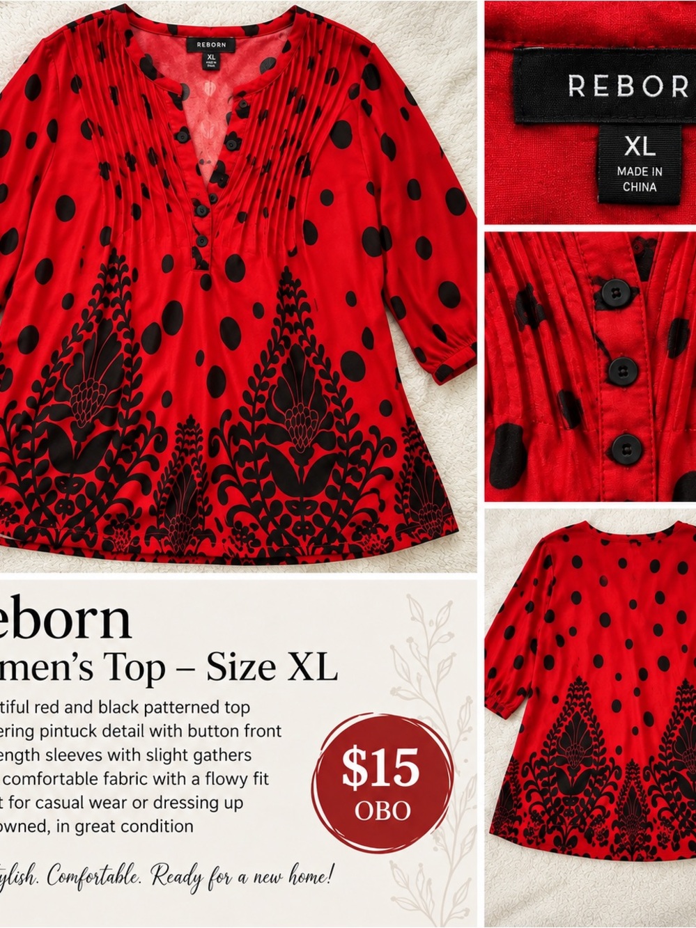 Reborn Red Blouse with Black Polka Dot & Floral Border